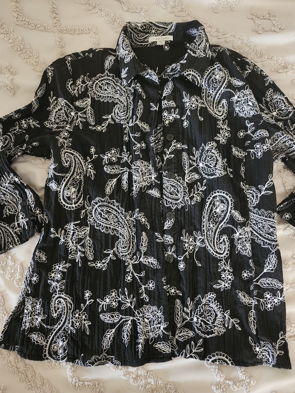 erin london Black Blouse with White Paisley Embroidery